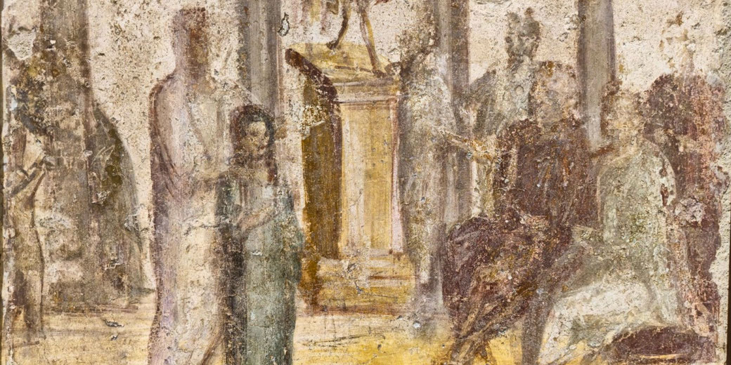 Ancient Roman fresco showing faded figures in a public or ceremonial setting, with a central pedestal and statue, surrounded by onlookers.