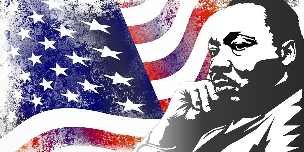 A stylized portrait of a man rests beside a grunge-textured American flag, with his hand posed thoughtfully under his chin.