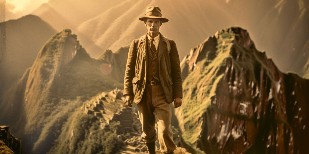 A vintage-style image of an explorer in a hat and rugged clothing standing on a rocky ledge overlooking Machu Picchu, surrounded by towering green mountains bathed in warm, golden light.
