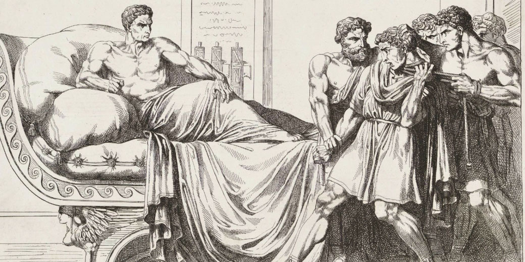 Sulla reclines on a couch as Granius is dragged before him by attendants, moments before execution.