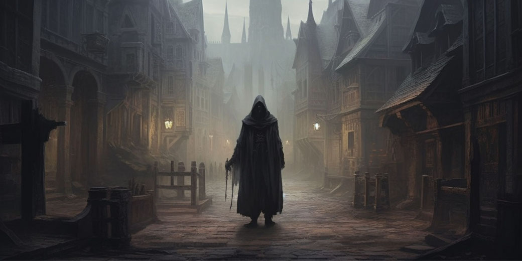 A hooded figure in dark robes stands ominously in a misty, medieval-style alley. The dimly lit street, lined with old buildings, leads to a towering castle in the background.