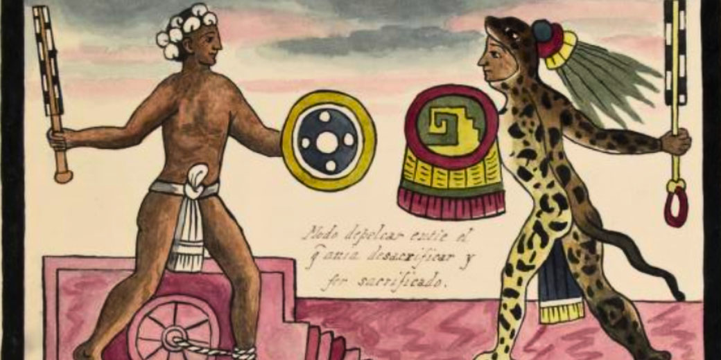 A 19th-century illustration of Aztec warriors in combat. One wears a jaguar suit, representing the elite Jaguar Warriors, while the other appears as a captive warrior. Both wield macuahuitl clubs.
