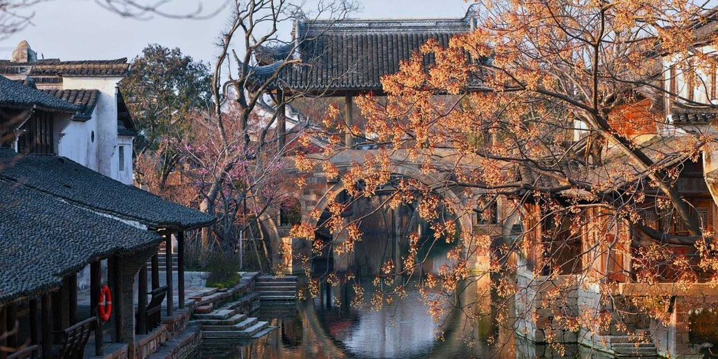 A serene Chinese water town with traditional houses, a stone bridge, and calm canal waters.