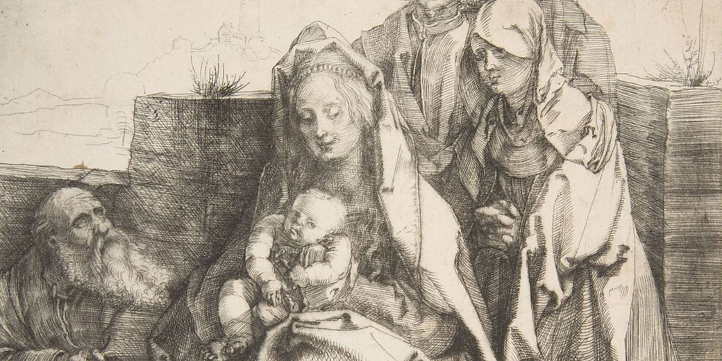 Albrecht Dürer's drypoint print portrays the Virgin and Child with figures foreshadowing Christ's crucifixion.