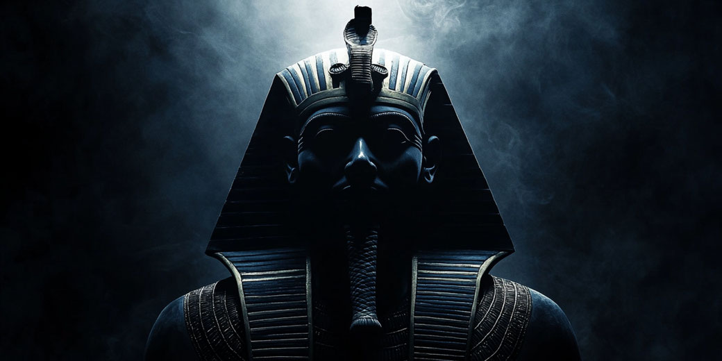 Dramatic image of a pharaoh statue in low light, with a cobra crown and striped headdress, surrounded by mist.