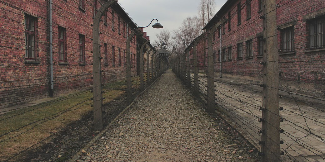 A narrow gravel path runs between barbed wire fences and red brick buildings with barred windows under a gray sky.