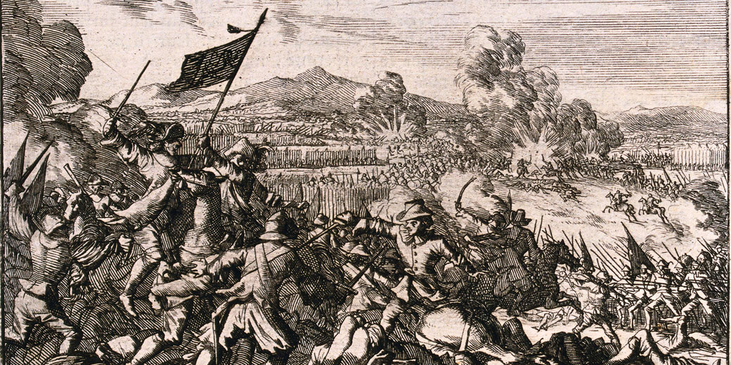 An engraving of the Battle of Wittstock (1636) during the Thirty Years' War, depicting intense combat with soldiers, cavalry, explosions, and flags in a chaotic battlefield scene.