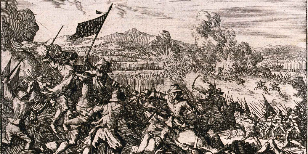 An engraving of the Battle of Wittstock (1636) during the Thirty Years' War, depicting intense combat with soldiers, cavalry, explosions, and flags in a chaotic battlefield scene.