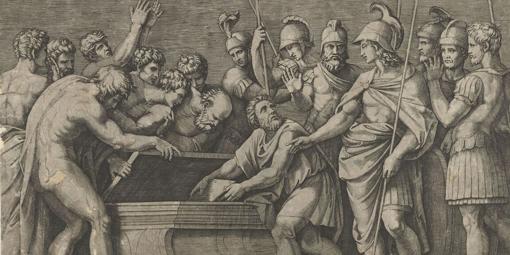 Engraving by Marcantonio Raimondi depicting Alexander ordering Homer's texts to be placed in Achilles' tomb.