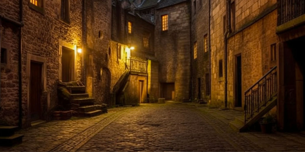 A dimly lit medieval cobblestone alleyway with warm glowing lights from doors and windows. The stone buildings have wooden staircases, adding to the old-world charm and mysterious ambiance.