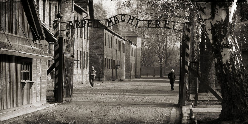 A black and white image shows the infamous "Arbeit Macht Frei" gate at Auschwitz, with a dirt path flanked by brick buildings and trees.
