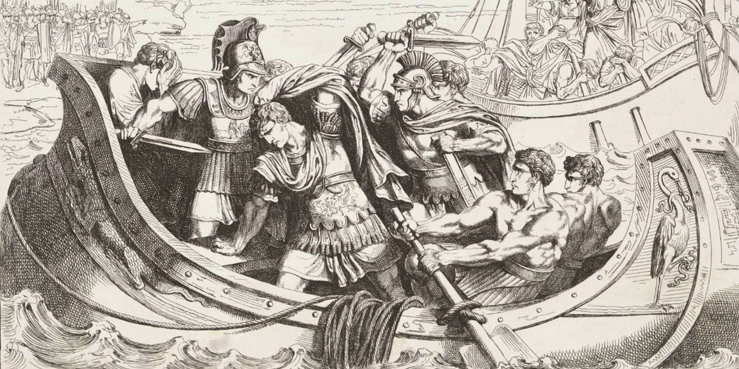 Etching by Bartolomeo Pinelli depicting Pompey's assassination by Roman soldiers in a boat en route to Egypt's shore.