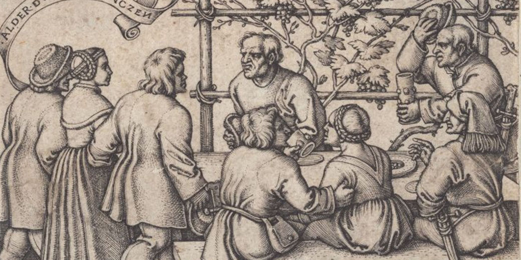People share food and drink at a communal table beneath grapevines, with animated gestures suggesting storytelling or debate.