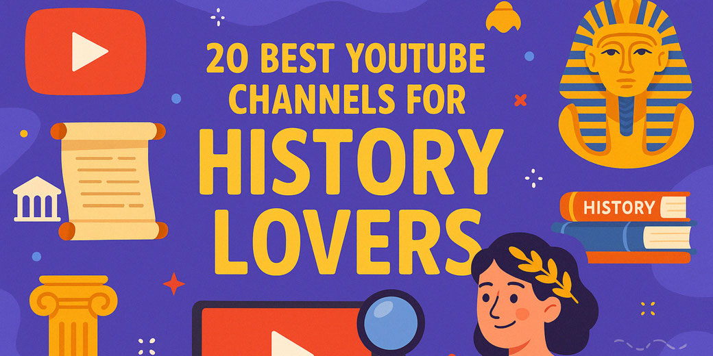 Colorful illustration promoting "20 Best YouTube Channels for History Lovers" with historical icons, books, and the YouTube logo on a purple background.