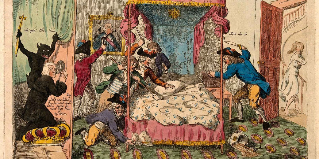 A satirical 18th century illustration of men attacking a bed while a woman escapes through a door, with a devil figure and chaos in a richly detailed interior scene.