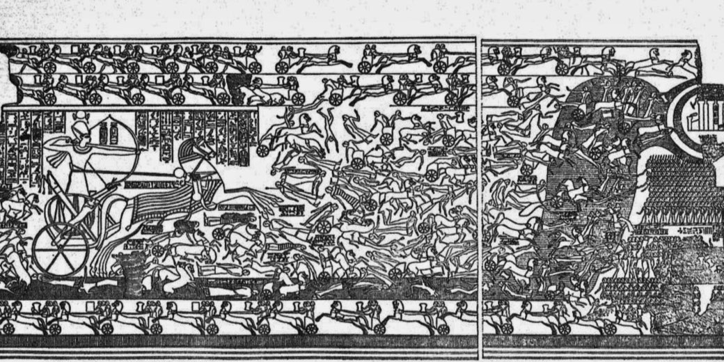 Ancient Egyptian relief depicting a chaotic battle scene with chariots, archers, and fallen warriors, likely representing a historical military victory.