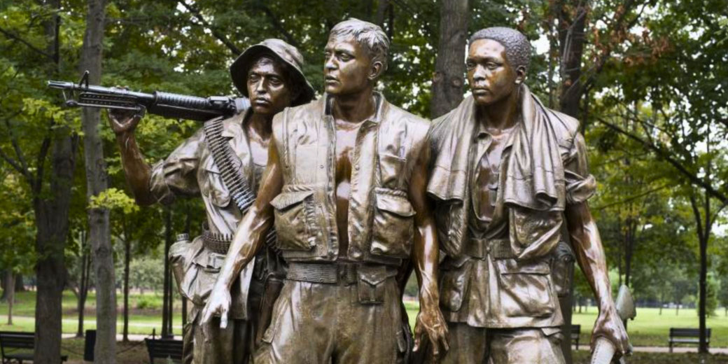 Photograph of Frederick Hart's bronze statue "The Three Soldiers" at the Vietnam Veterans Memorial in Washington, D.C.