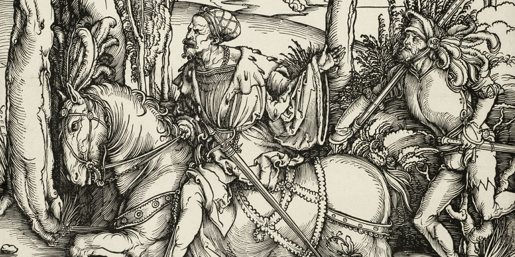 Albrecht Dürer's woodcut depicts a mounted knight alongside a Landsknecht foot soldier, illustrating the hierarchy between cavalry and infantry in late 15th-century Germany.