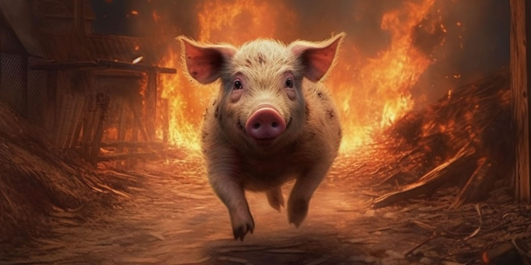 A pig runs toward the viewer with flames and a burning structure in the background, debris scattered along the path.