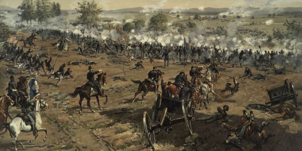 Chaotic Civil War battlefield scene with soldiers fighting amid smoke, fallen men and horses, cannons, and charging cavalry under a hazy sky.