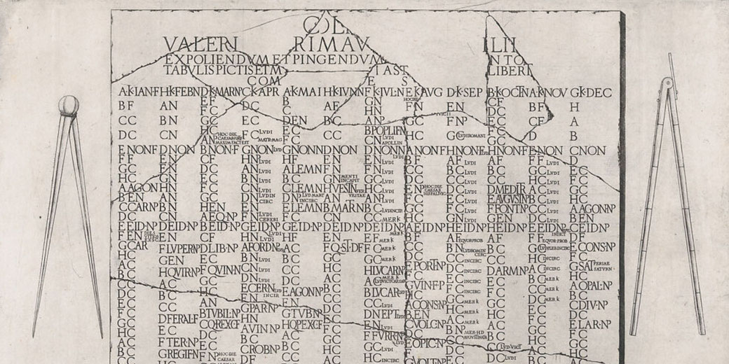 Engraving of a Roman calendar tablet from the Farnese Palace, part of Lafreri’s 16th-century print series on Roman antiquities.