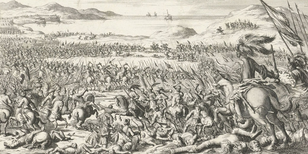 Etching by Jan Luyken depicting the 1099 battle between Crusaders and Saracens near Ashkelon, showing cavalry and infantry in combat.
