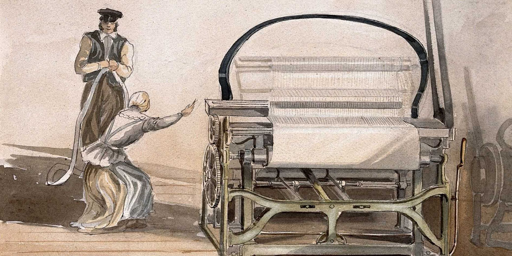 A woman gestures beside a mechanical loom as a man oversees the fabric feed during textile work.