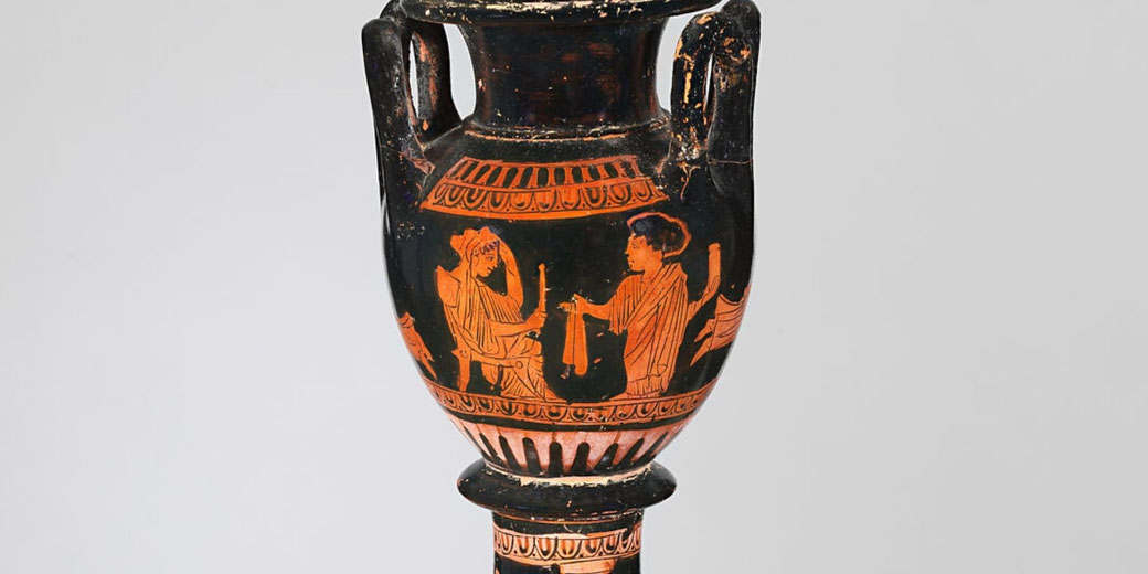 Small red-figure wedding bowl with handles, lid, and stand, decorated with scenes of gift-giving after a Greek wedding.