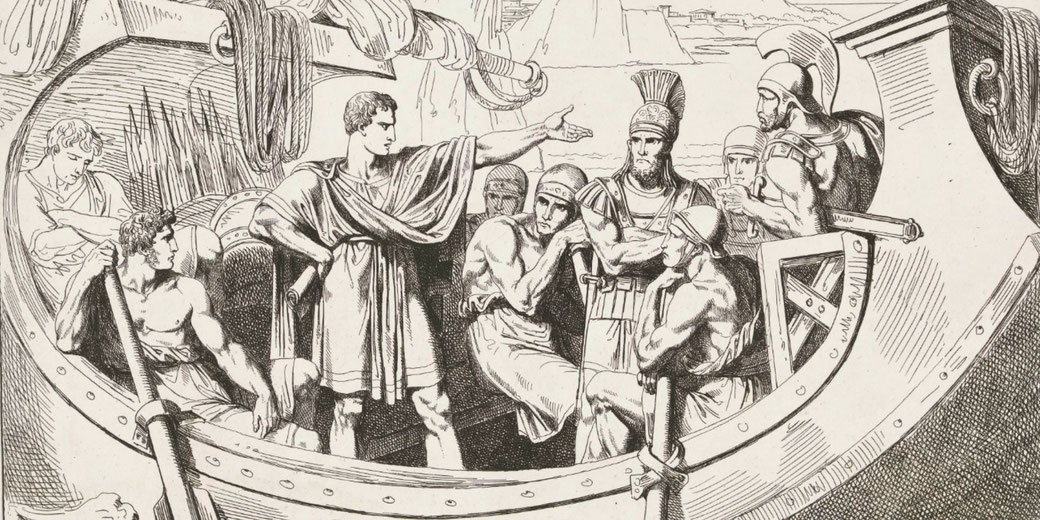 Caesar stands defiantly on a pirate ship, commanding his captors as if their leader.