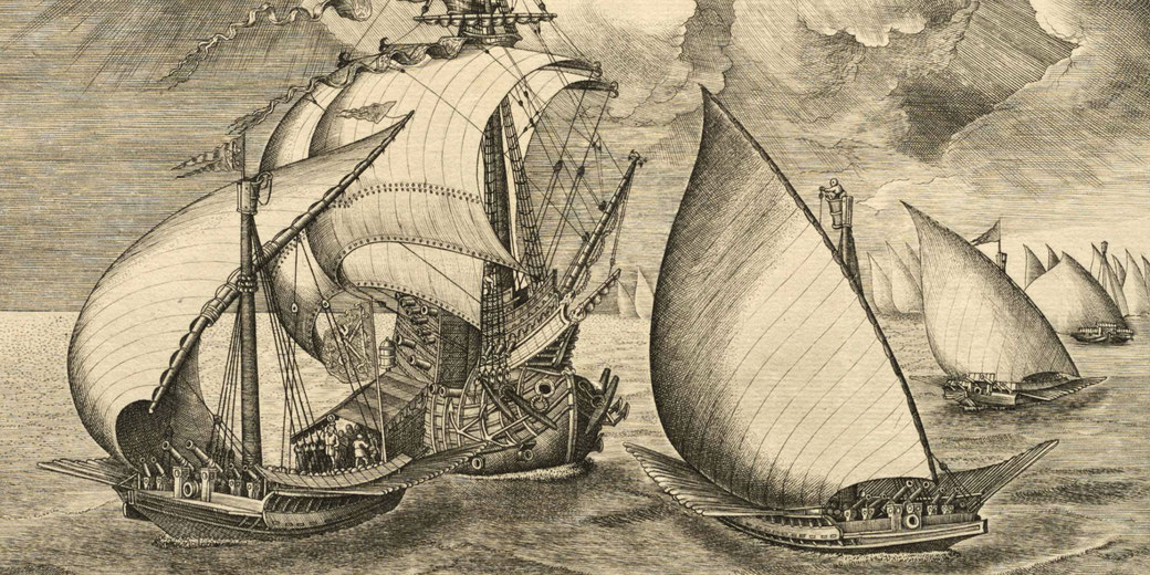 A detailed engraving of a naval scene depicts a large European-style galleon and several smaller, swift-looking ships with triangular sails, possibly Middle Eastern or North African vessels, under a cloudy sky.