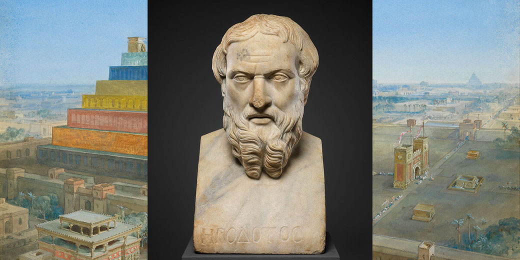 Marble bust of Herodotus with Greek inscription, flanked by painted reconstructions of ancient Mesopotamian cityscapes including a ziggurat and fortified gates.