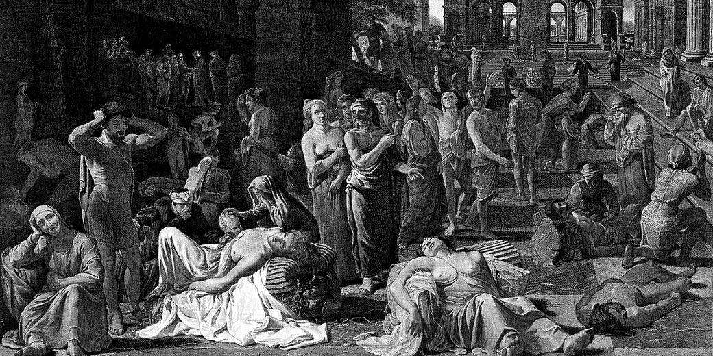 Dramatic black-and-white engraving of a crowded ancient city scene during a plague, with suffering, despair, and fallen bodies throughout the steps and architecture.