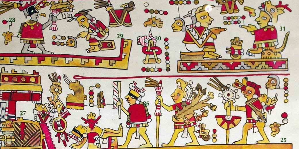 Stylised human and animal figures in ceremonial dress hold offerings and objects in a Mesoamerican codex illustration with bold red and yellow outlines.