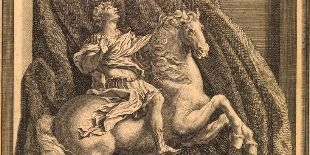 Etching of Bernini's sculpture showing Emperor Constantine on horseback, capturing his vision of the cross before the Battle of the Milvian Bridge.
