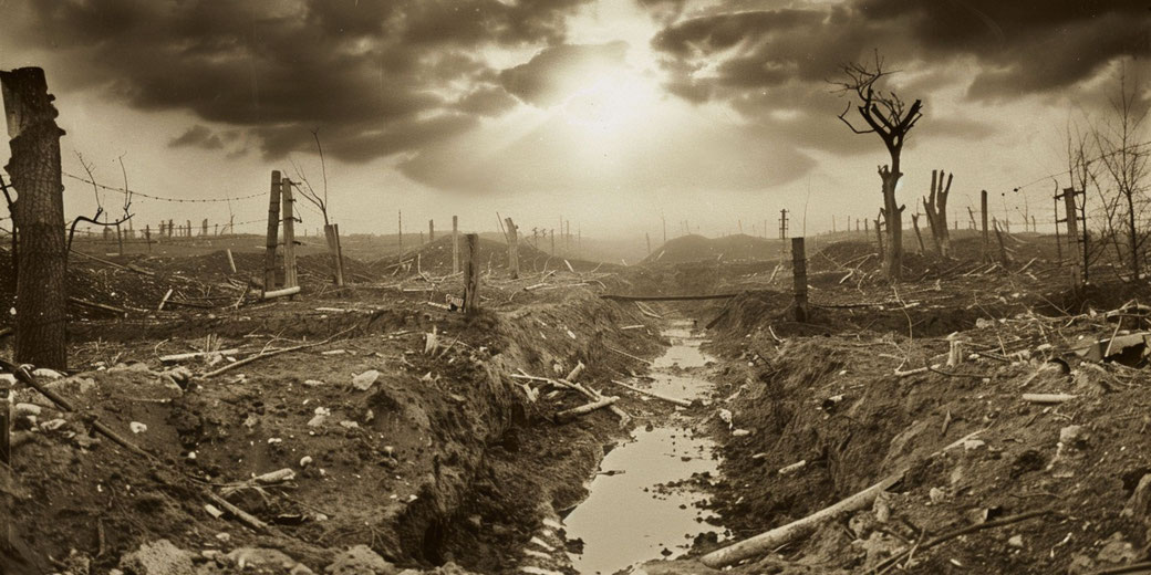  A sepia-toned image showing the trenches and desolate landscape typical of the Western Front