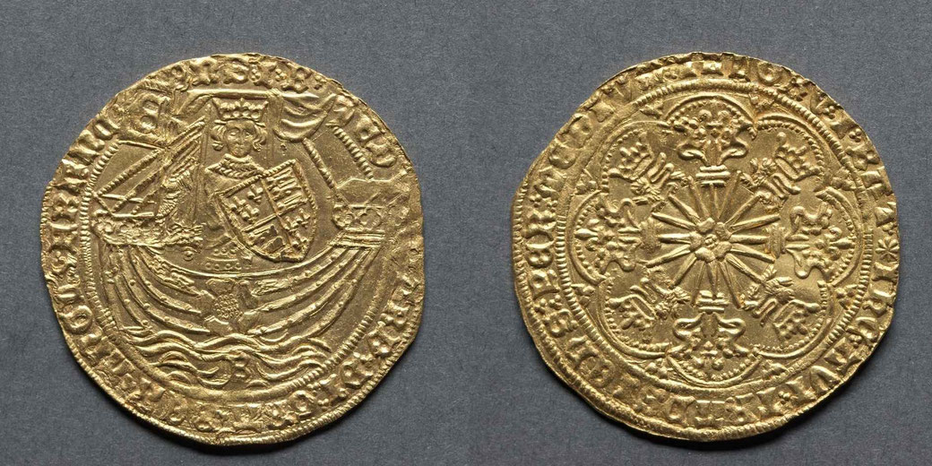 Gold coin showing Edward IV in a ship on one side and a radiant sun with fleurs-de-lis and crowned lions on the other.