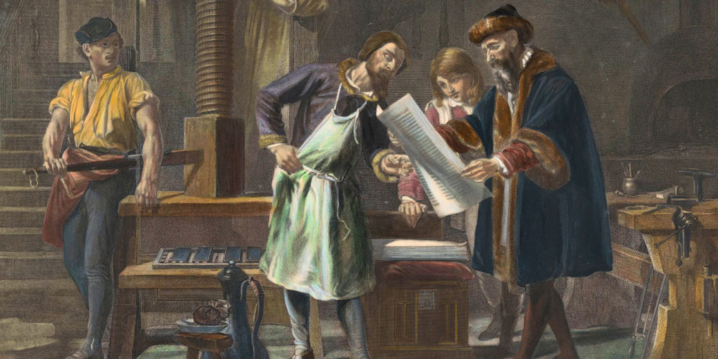 Johannes Gutenberg presenting a printed page to two men in a workshop. A worker operates a printing press in the background.