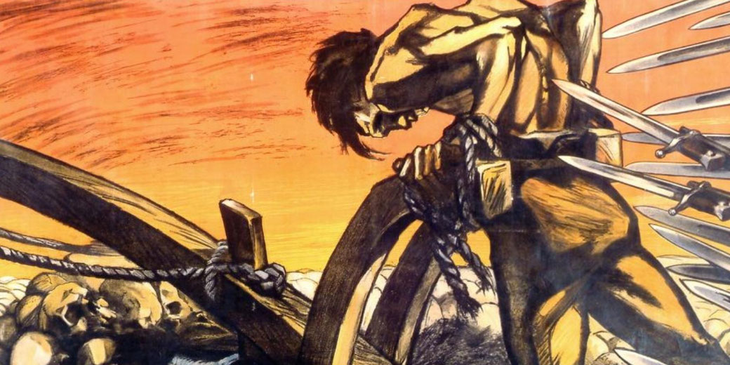 Muscular figure bound to a wooden wheel under an orange sky, pierced by multiple swords; skulls and rough terrain below create a dramatic, intense scene.
