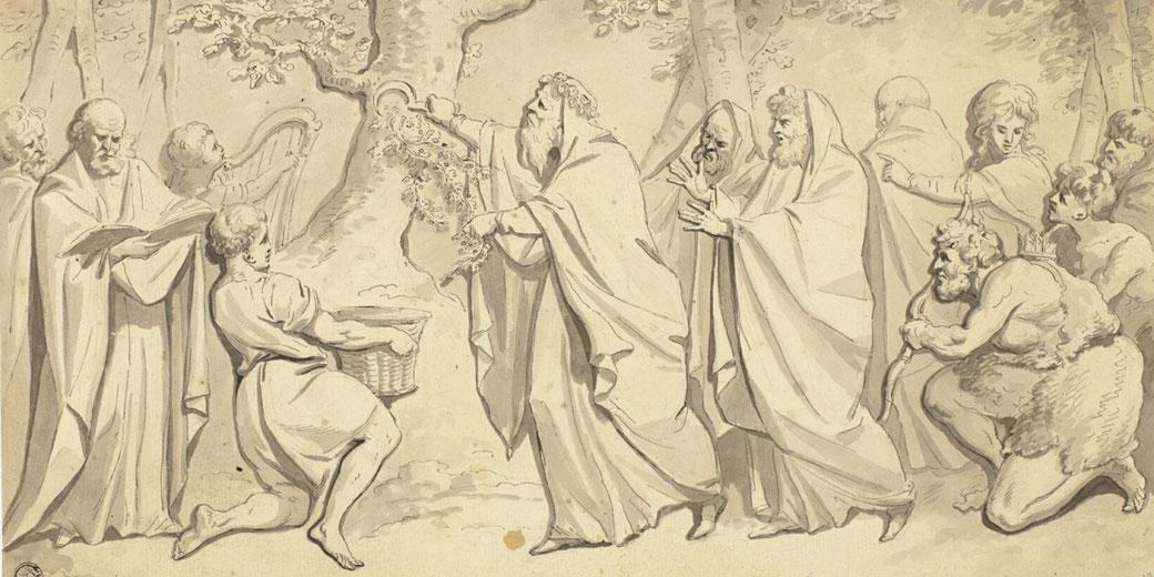 Druids harvest mistletoe from an oak tree using a sickle, while others observe the ritual.