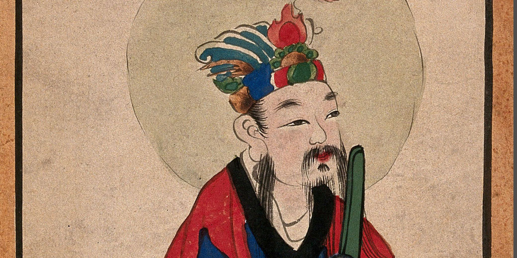 A traditional Chinese painting of Yu Huang, the Jade Emperor, depicted with a regal headdress, flowing beard, and a serene expression.