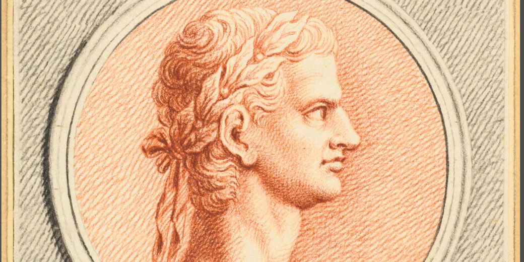 Jan Caspar Philips' drawing features Caligula's profile within a medallion, rendered in grey ink and red chalk