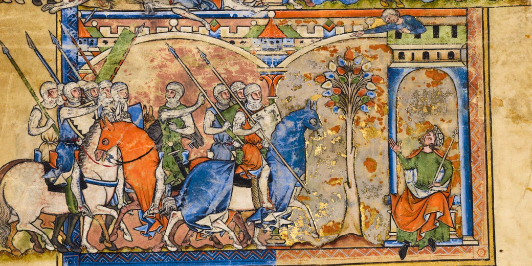 Medieval manuscript leaf depicting biblical scenes with vivid colors and gold leaf, illustrating events from the Old Testament.