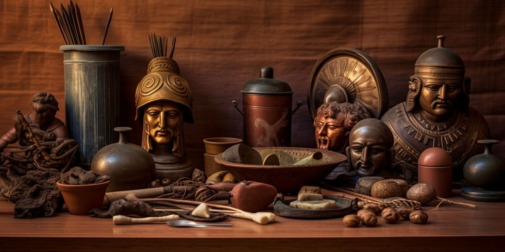  A collection of ancient Greek artifacts, including pottery, coins, and a bronze helmet