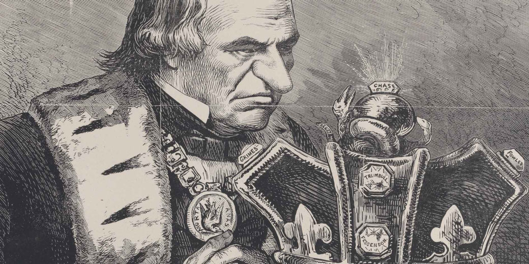 Detailed black and white engraving of a stern 19th century man in formal attire examining a medal and ornate object, with fine linework and historical illustration style.
