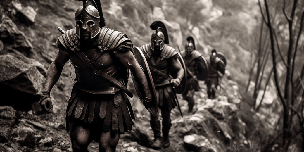 Spartan warriors moving through rugged terrain in a tense, shadowy setting. Their armor, shields, and determined expressions suggest they are engaged in a secretive or dangerous mission.