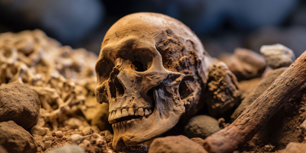 A weathered human skull lies among scattered bones, rocks, and dirt, creating an archaeological scene that hints at ancient remains uncovered in a desolate environment.