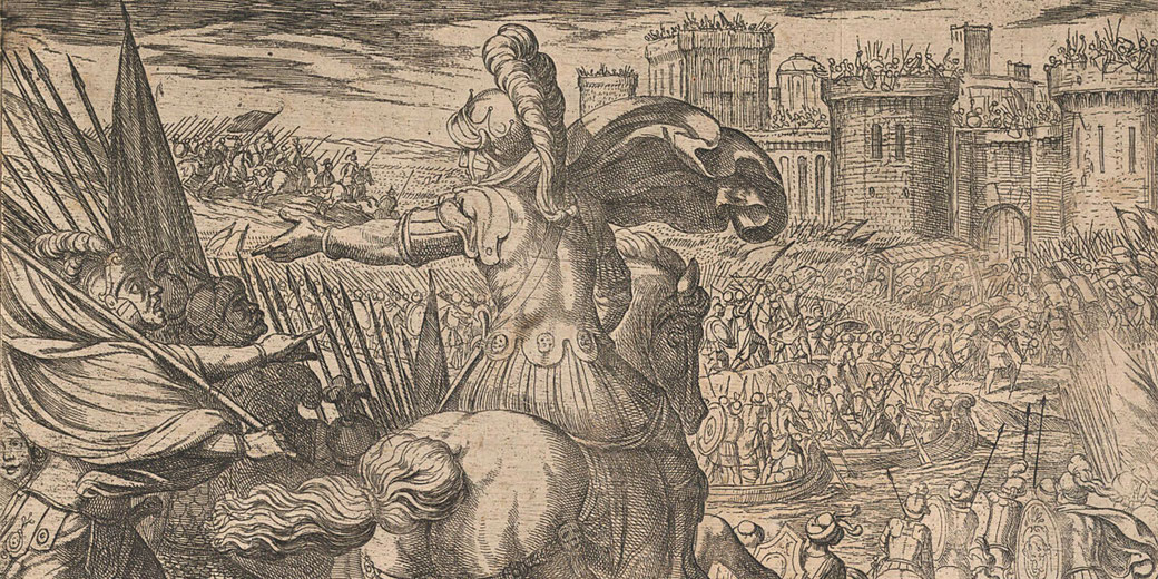 Etching by Antonio Tempesta depicting Alexander's naval assault on Tyre, with ships and soldiers in dynamic combat.