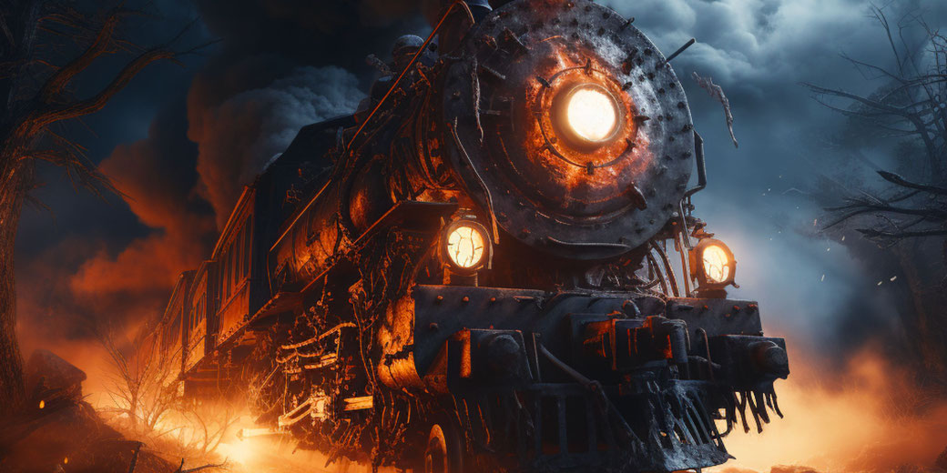 A fiery, menacing steam locomotive charges forward, engulfed in flames and smoke. The scene is dark and ominous, with twisted trees and a stormy sky adding to the eerie, apocalyptic atmosphere.