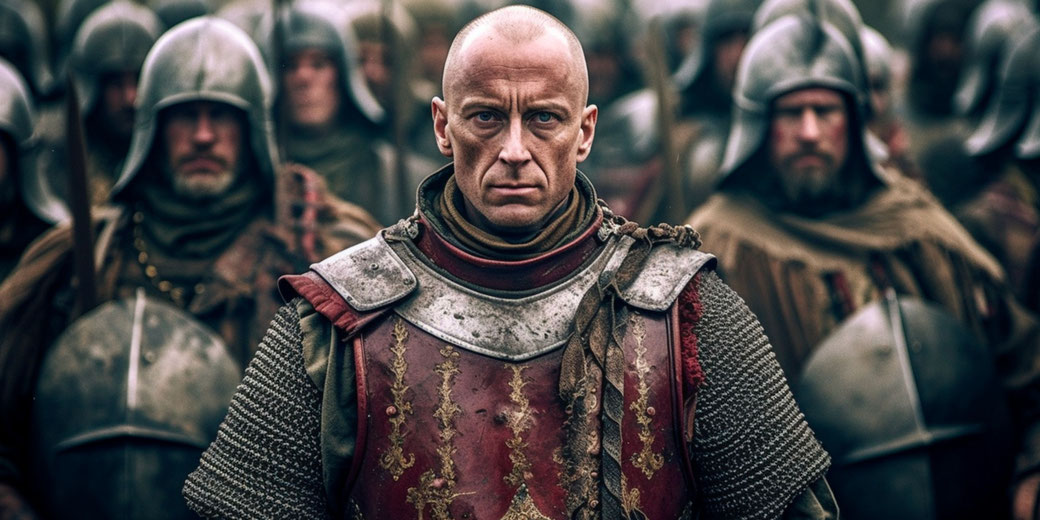 A stern, bald warrior in ornate, battle-worn armor stands at the forefront of a medieval army.