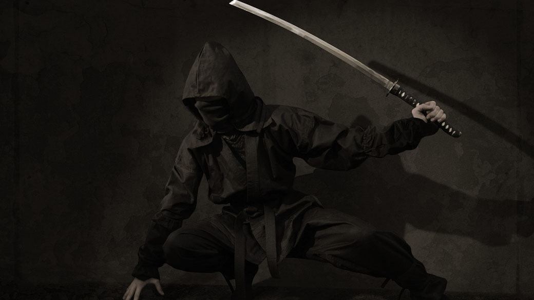 A ninja dressed in black crouches in a battle-ready stance, gripping a katana. His hooded outfit and masked face add to the mysterious and stealthy appearance.